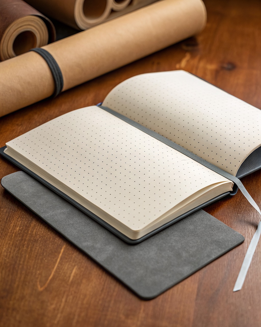 Slate-gray soft-touch A5 dot-grid notebook lying flat and open to a blank dotted page, elastic band and ribbon marker visible