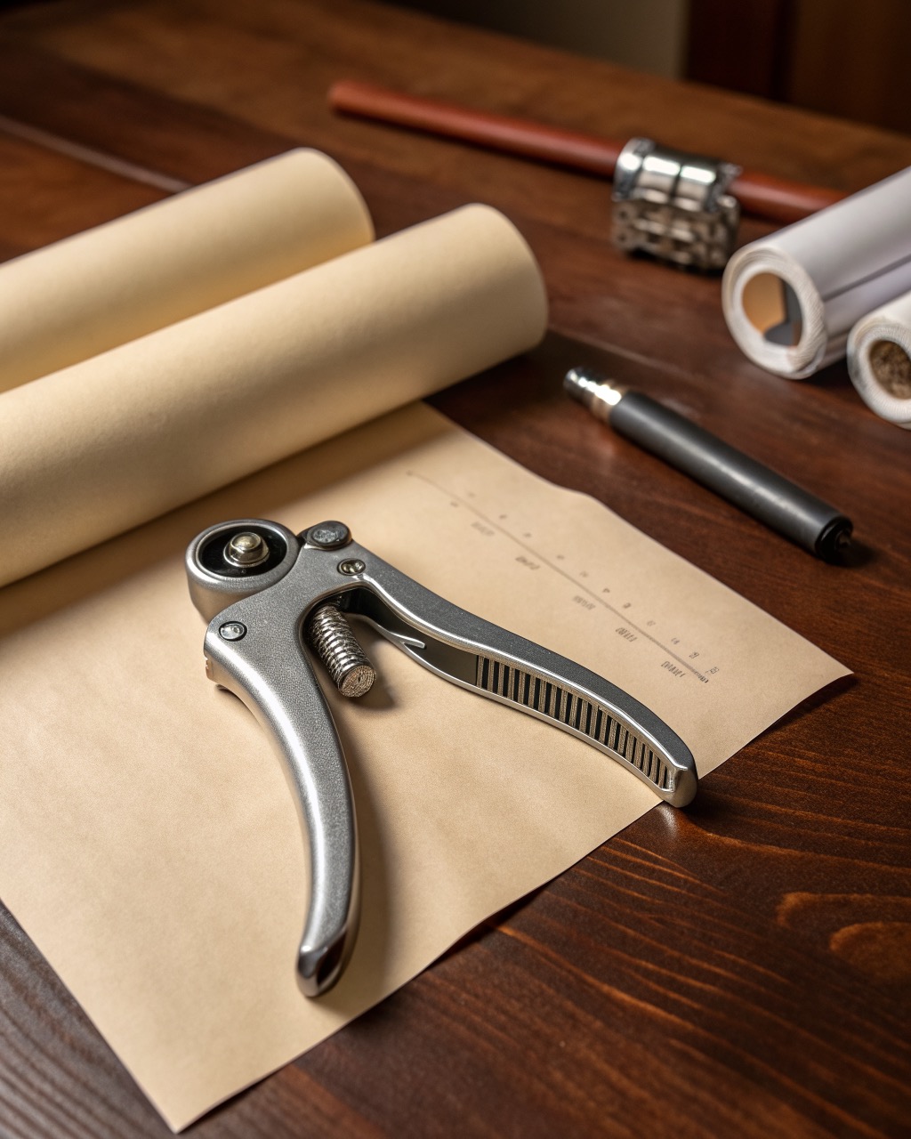 Silver aluminum adjustable hand gripper with a numbered tension dial, photographed open on a white surface