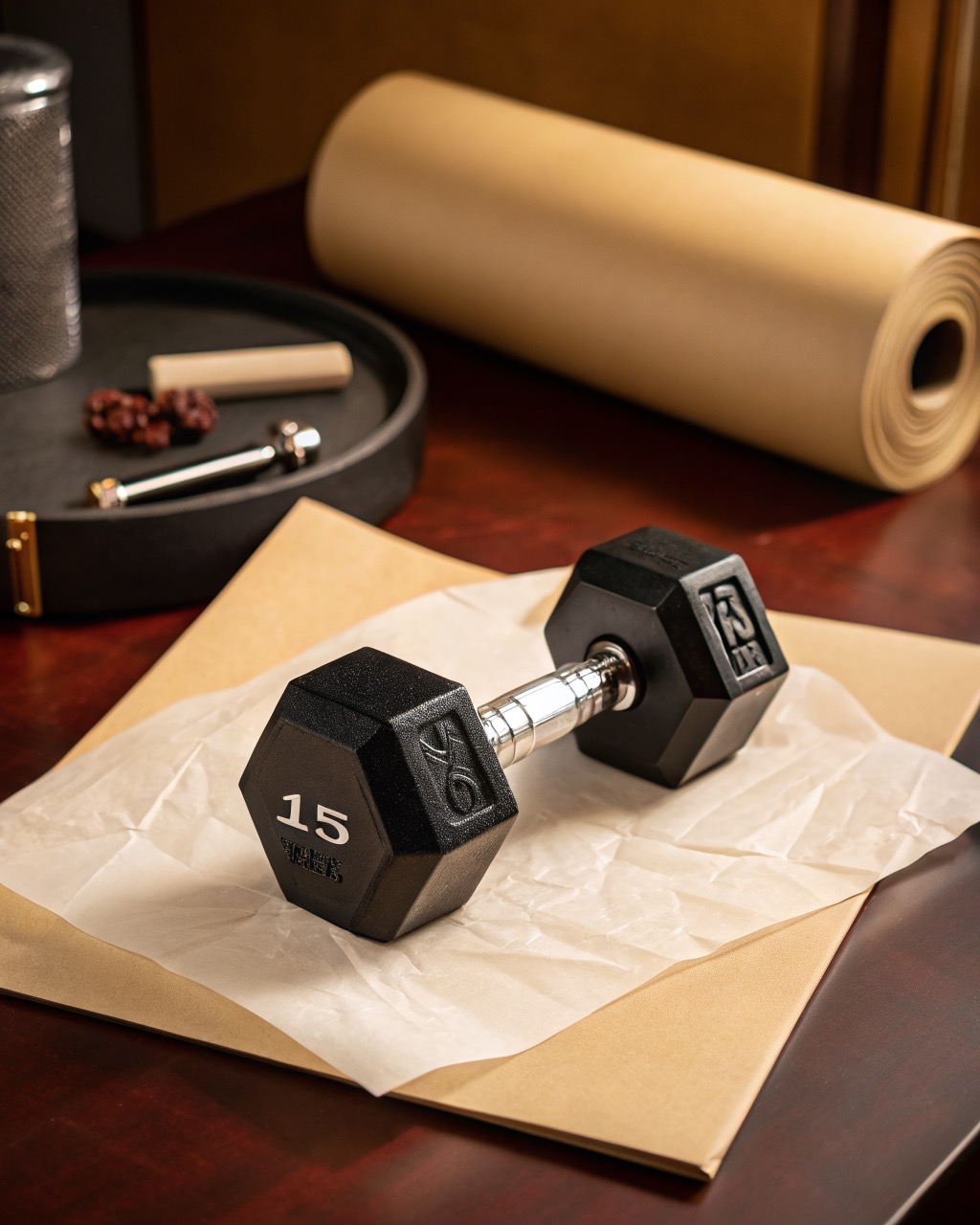 Black and chrome adjustable dumbbell resting in its plastic cradle, showing the numbered dial on the end plate