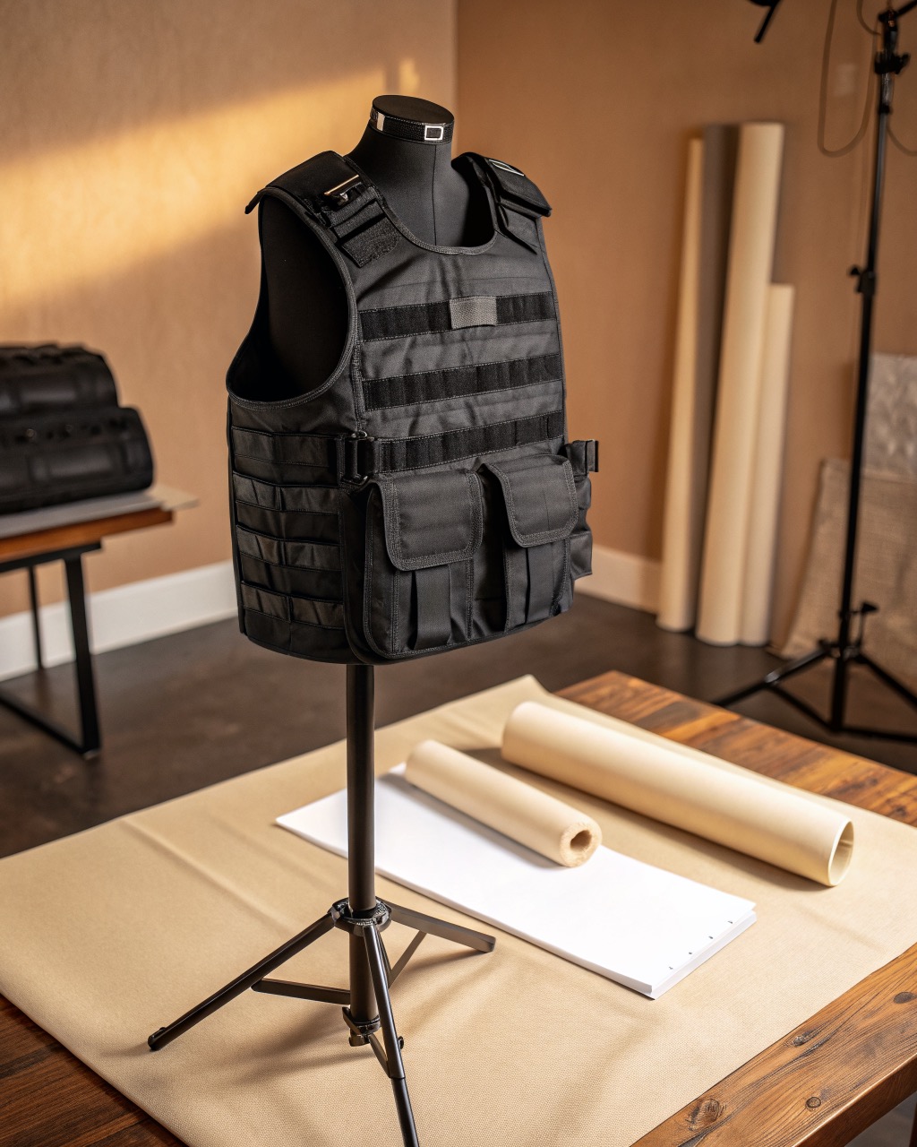Black ripstop nylon weighted vest displayed on a stand from the front, showing rows of weight pockets and the waist belt