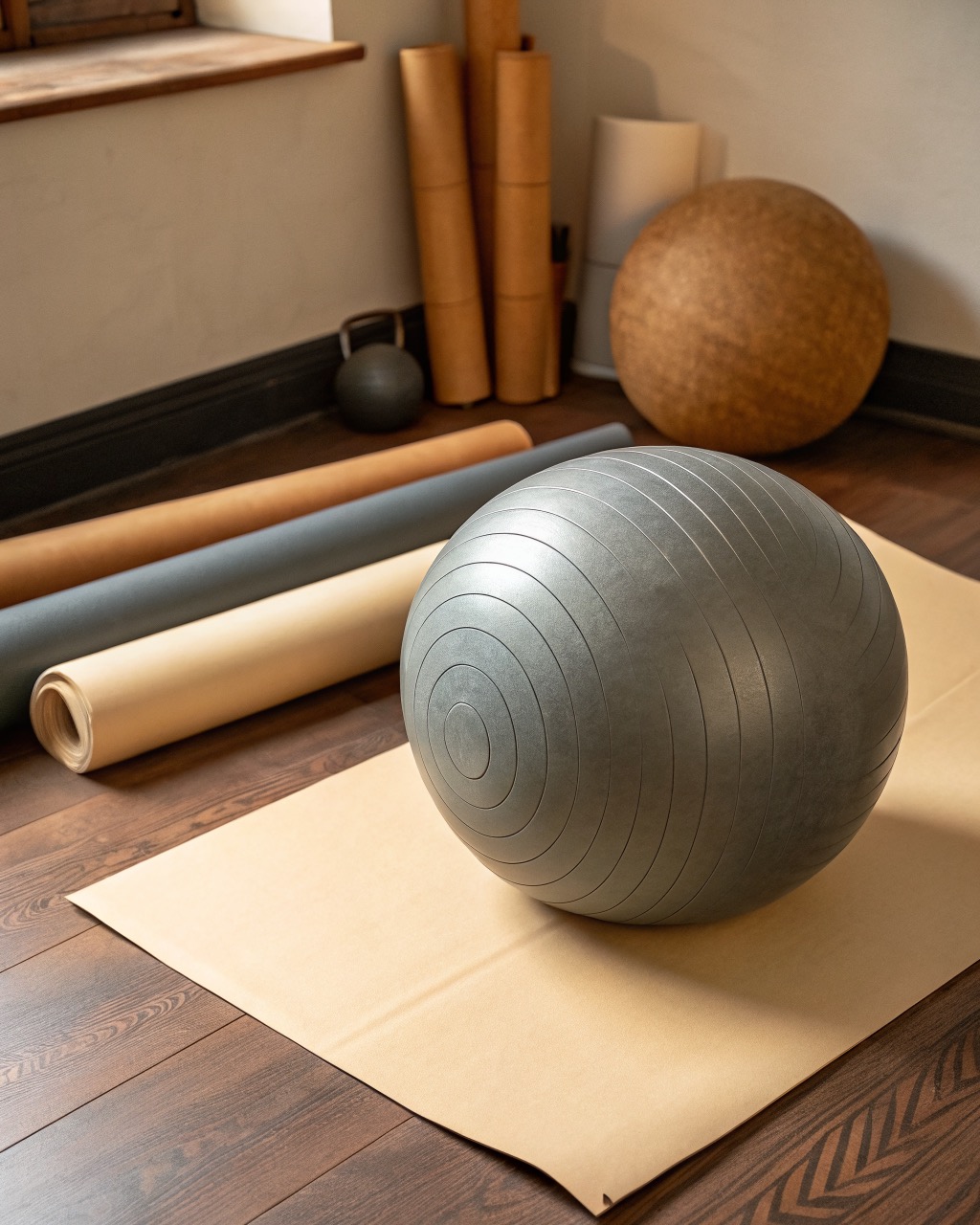 Slate gray 65 cm exercise ball sitting on a wood floor against a plain wall, showing its matte textured surface