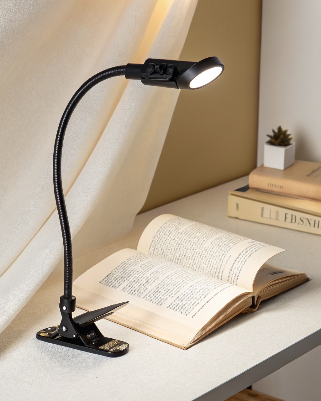 Clip-mount reading lamp with a flexible gooseneck arm attached to a shelf edge