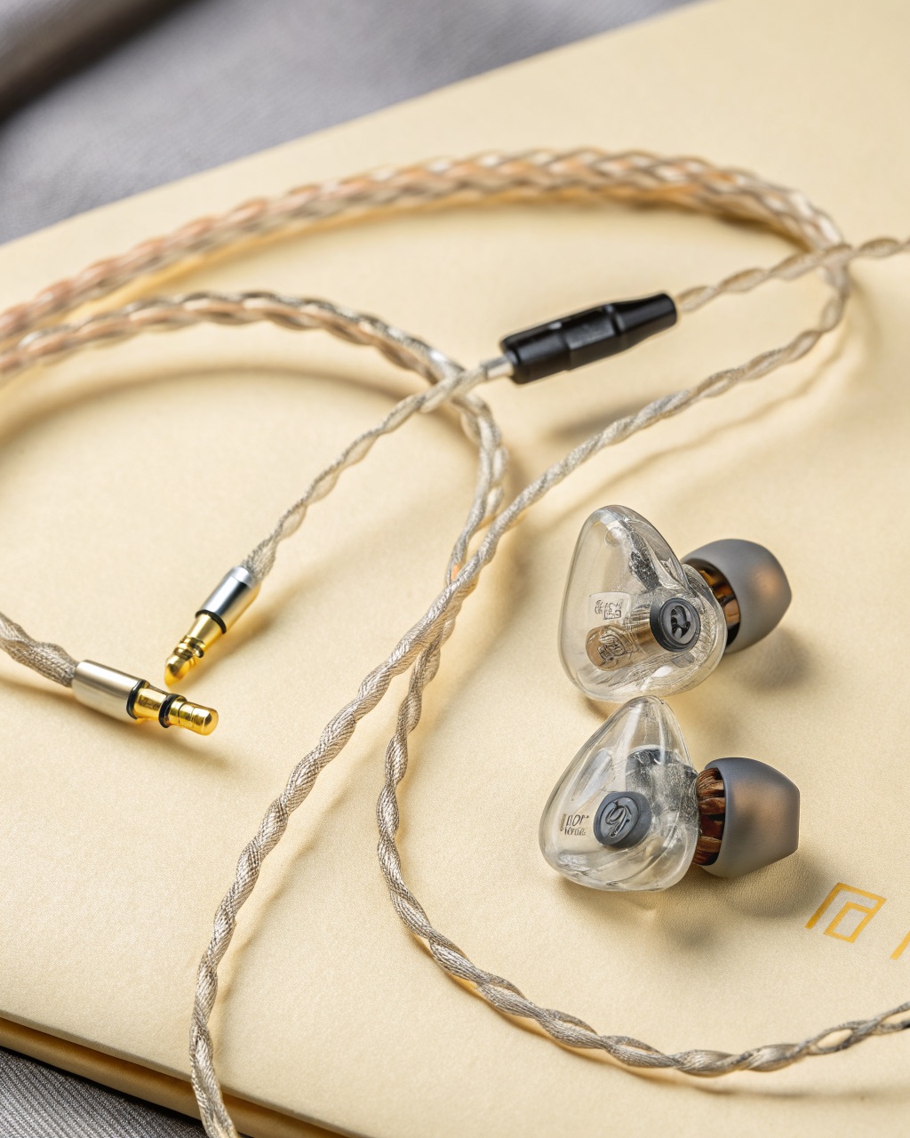 Pair of translucent smoke-grey resin in-ear monitors with detachable braided cables and assorted ear tips on a white surface