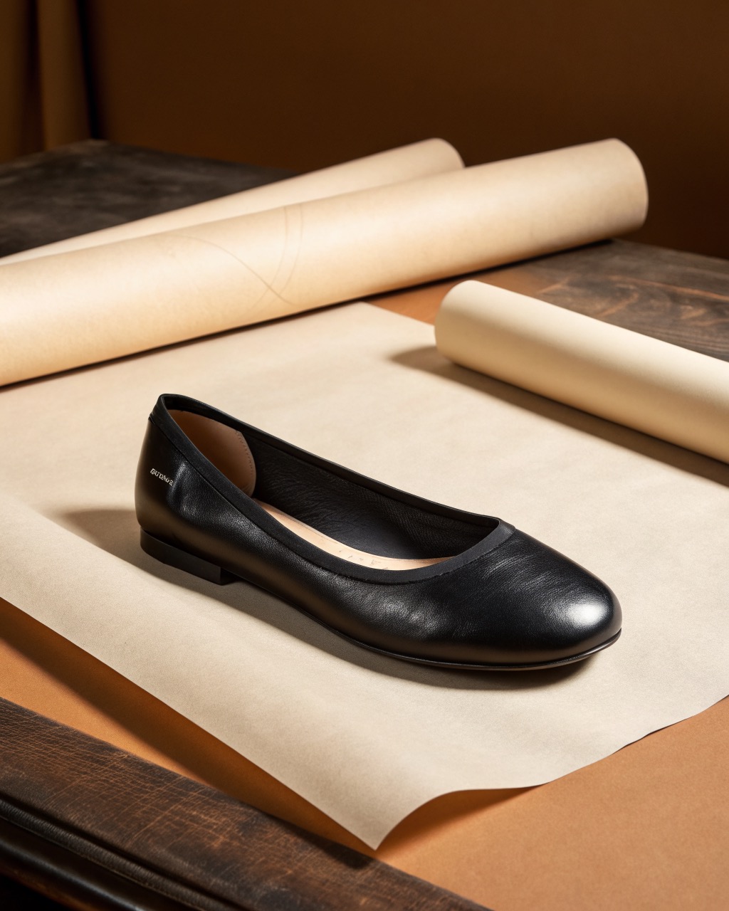 single black nappa leather round-toe ballet flat in three-quarter view on a plain pale backdrop, elasticated topline and slim rubber sole
