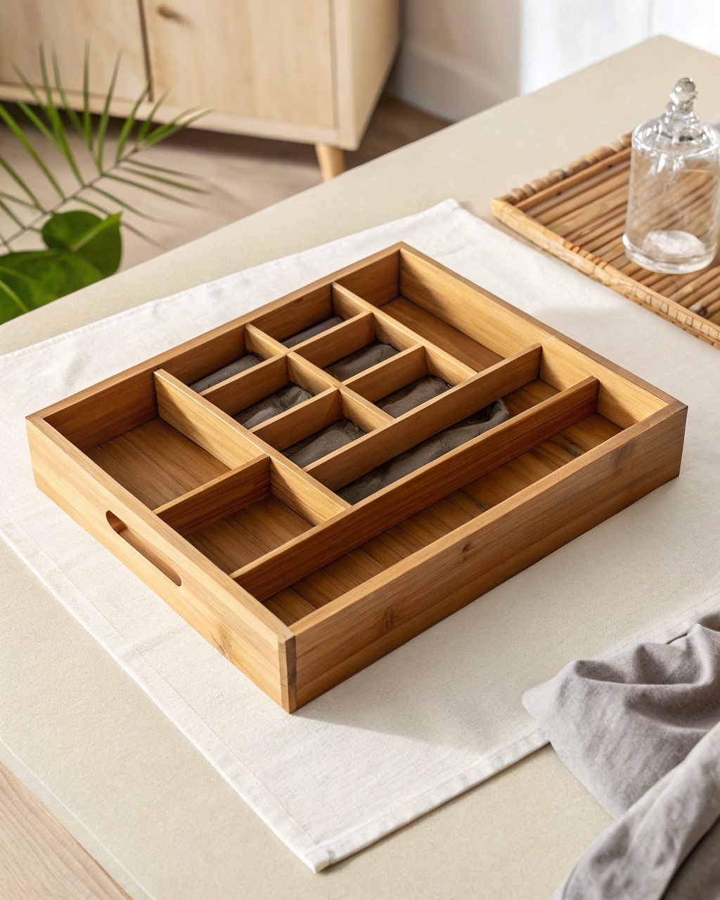 Expandable solid bamboo drawer organizer with four sliding dividers separating pens, clips, and tape inside a drawer