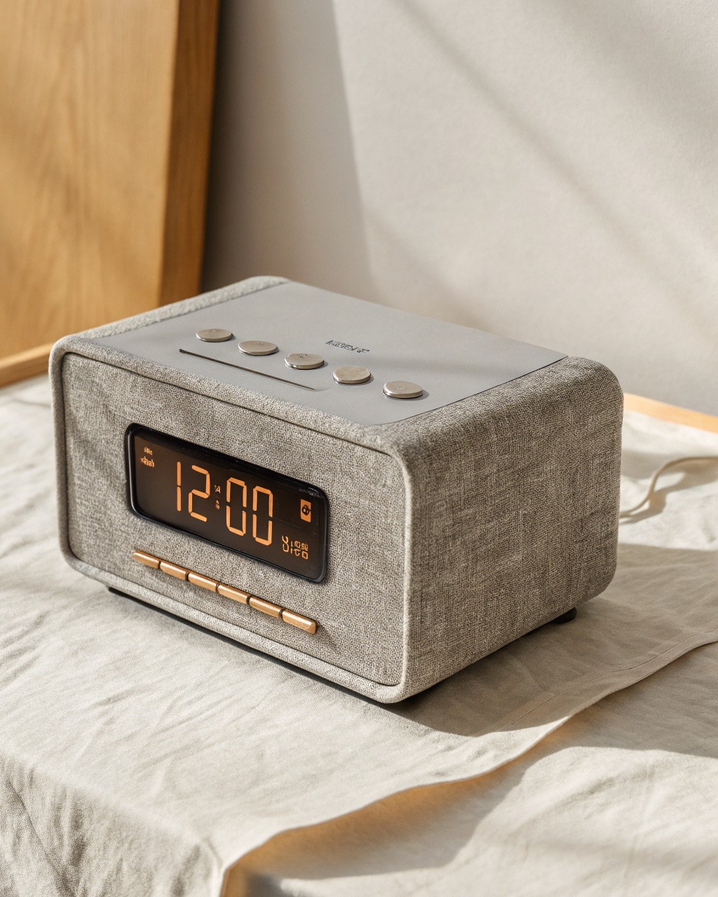 Small fabric-fronted clock radio in oatmeal grey with a glowing amber digital display and a snooze bar across the top