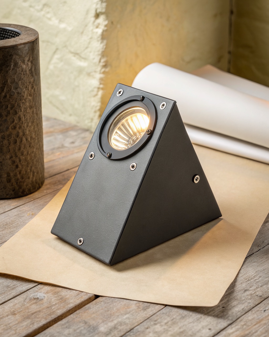 Low wedge-shaped matte graphite aluminum floor uplight with an open top, sitting against a wall corner