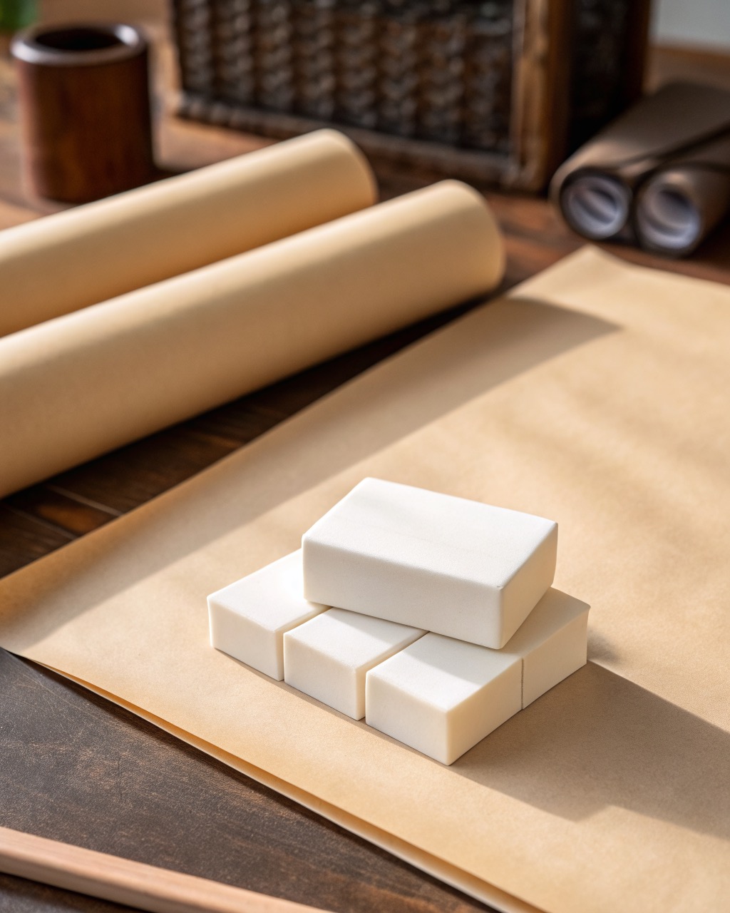 Three white vinyl block erasers in printed paper sleeves stacked and fanned on a neutral surface, one sleeve slid partway down
