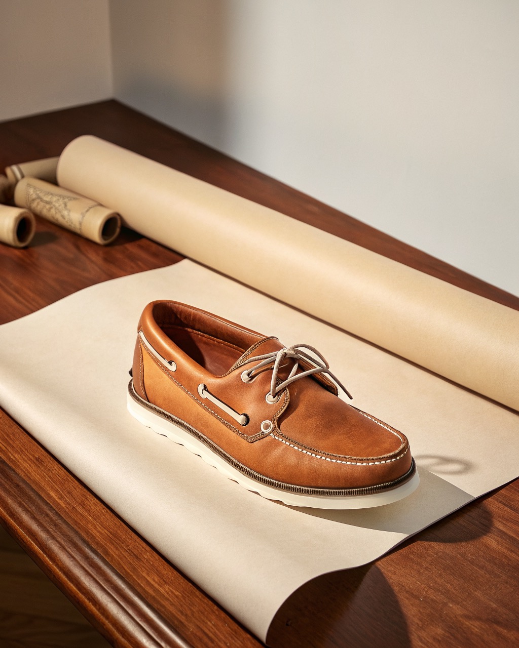 single tan oiled leather boat shoe in three-quarter view on a plain pale backdrop, rawhide lace around the collar and siped white rubber sole