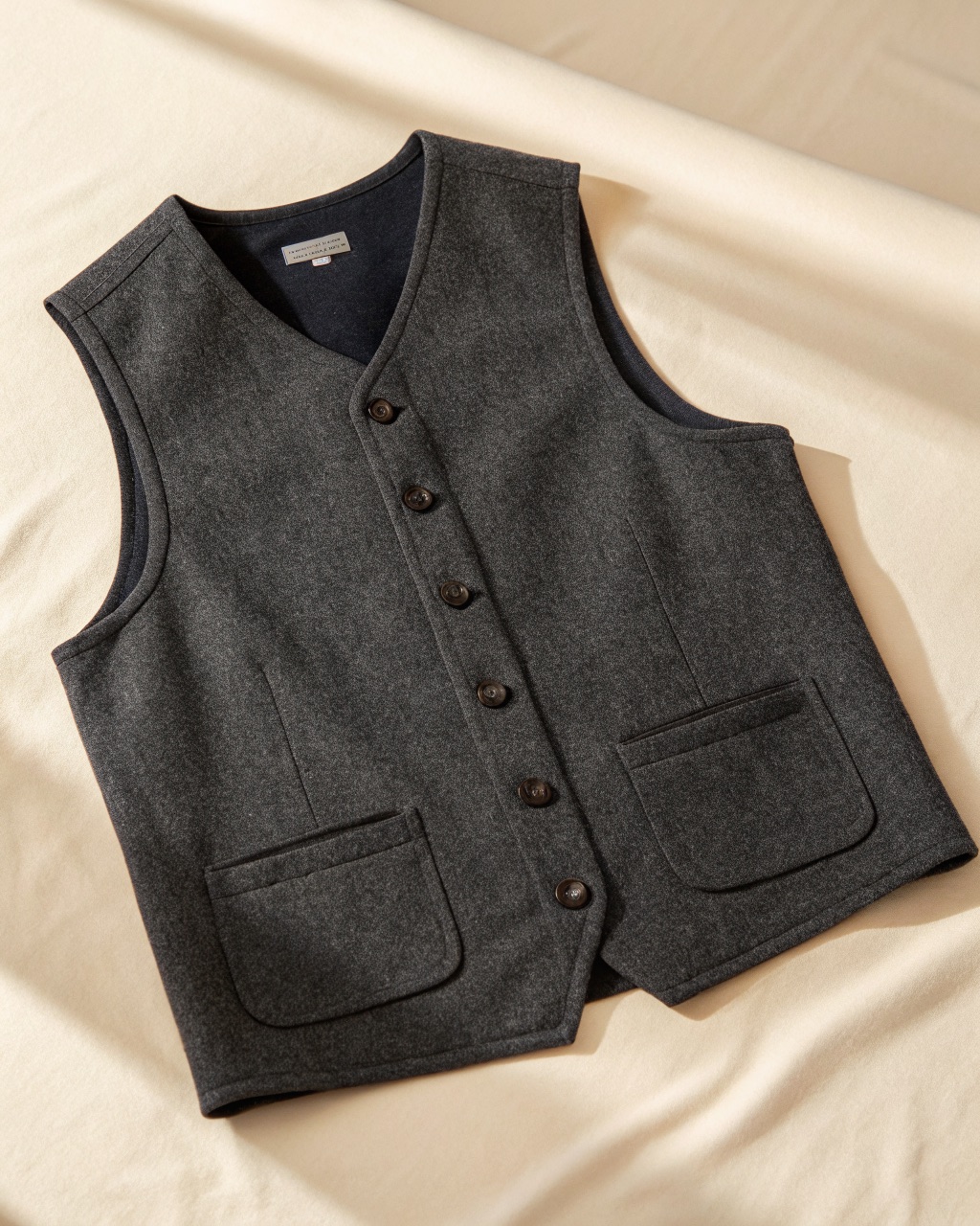 Charcoal boiled wool vest laid flat with five buttons, two welt pockets, and clean-cut raw edges
