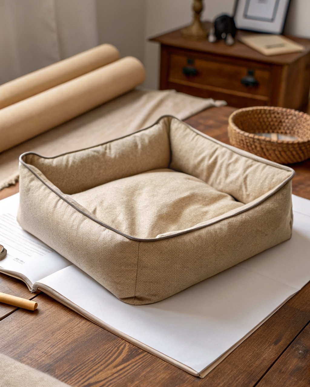 Oatmeal canvas bolster dog bed with raised padded sides on three edges, photographed at a three-quarter angle on a white background