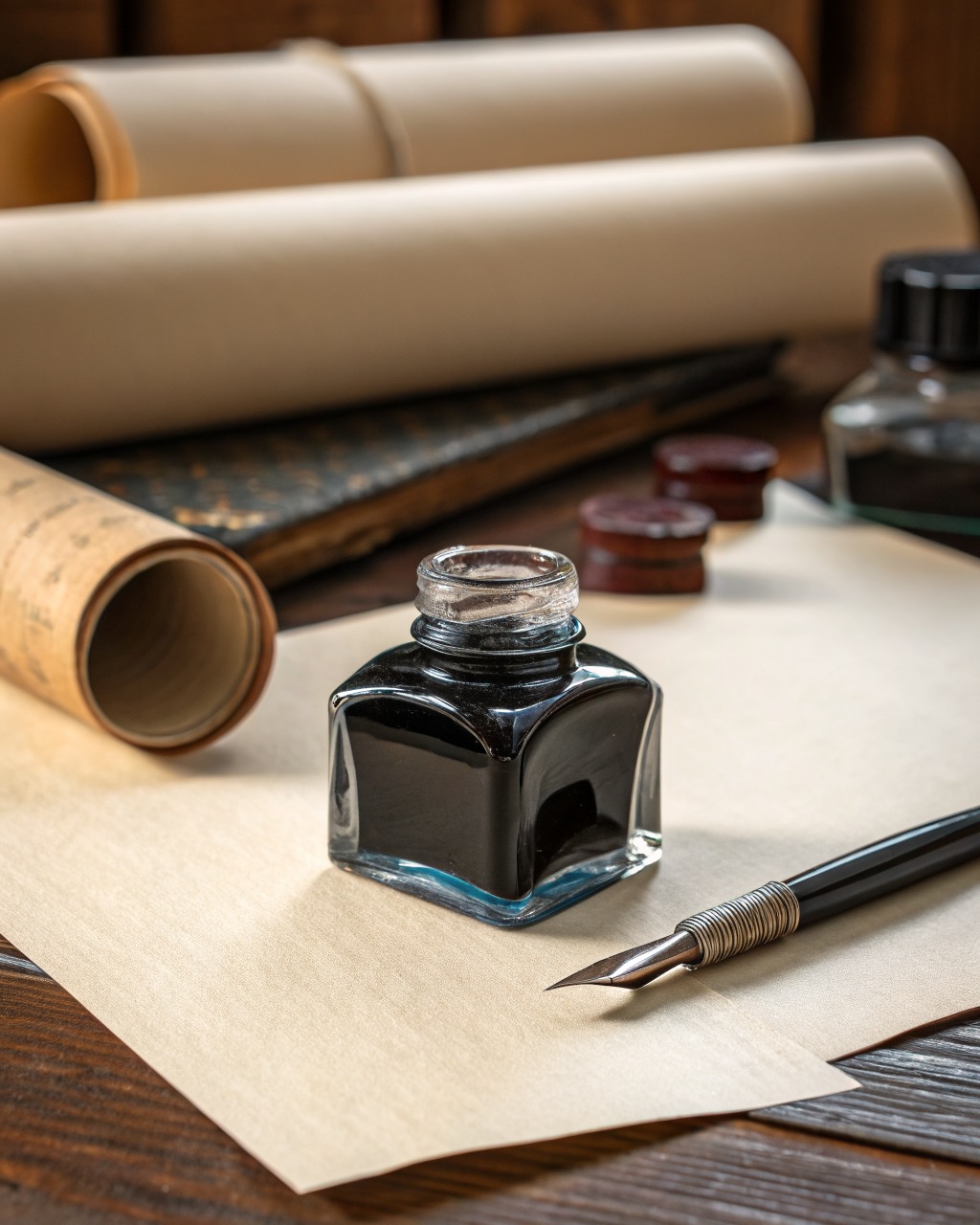 Squat 50 ml glass bottle of blue-black iron-gall fountain pen ink with the cap off, dark ink visible against a pale backdrop
