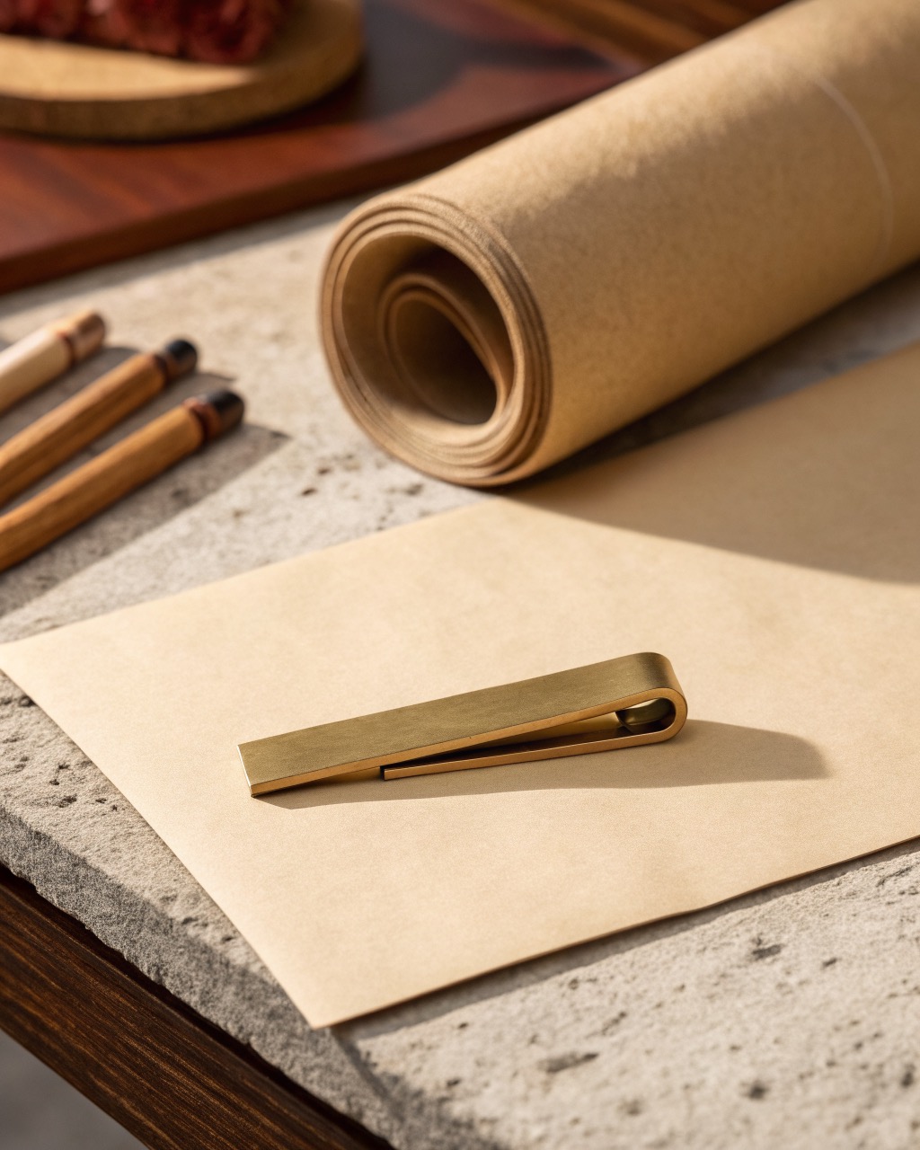 plain brushed brass tie bar lying flat on a pale stone surface, warm satin metal with a soft shadow along one edge