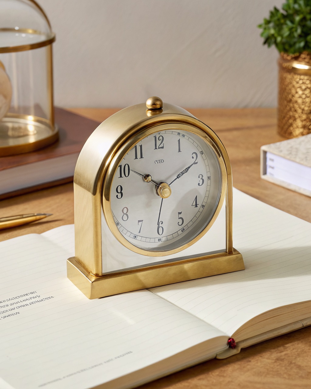 Small solid brass analog desk clock with a white numbered face under domed glass, warm golden case