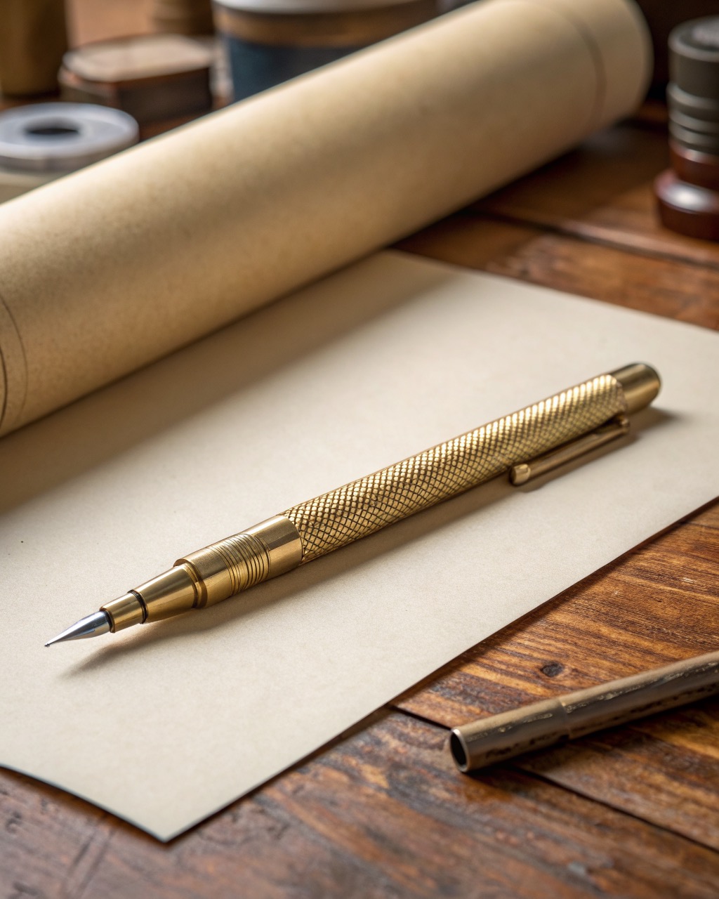 Unlacquered machined brass mechanical pencil lying at an angle, knurled grip and slim fixed drafting sleeve catching the light