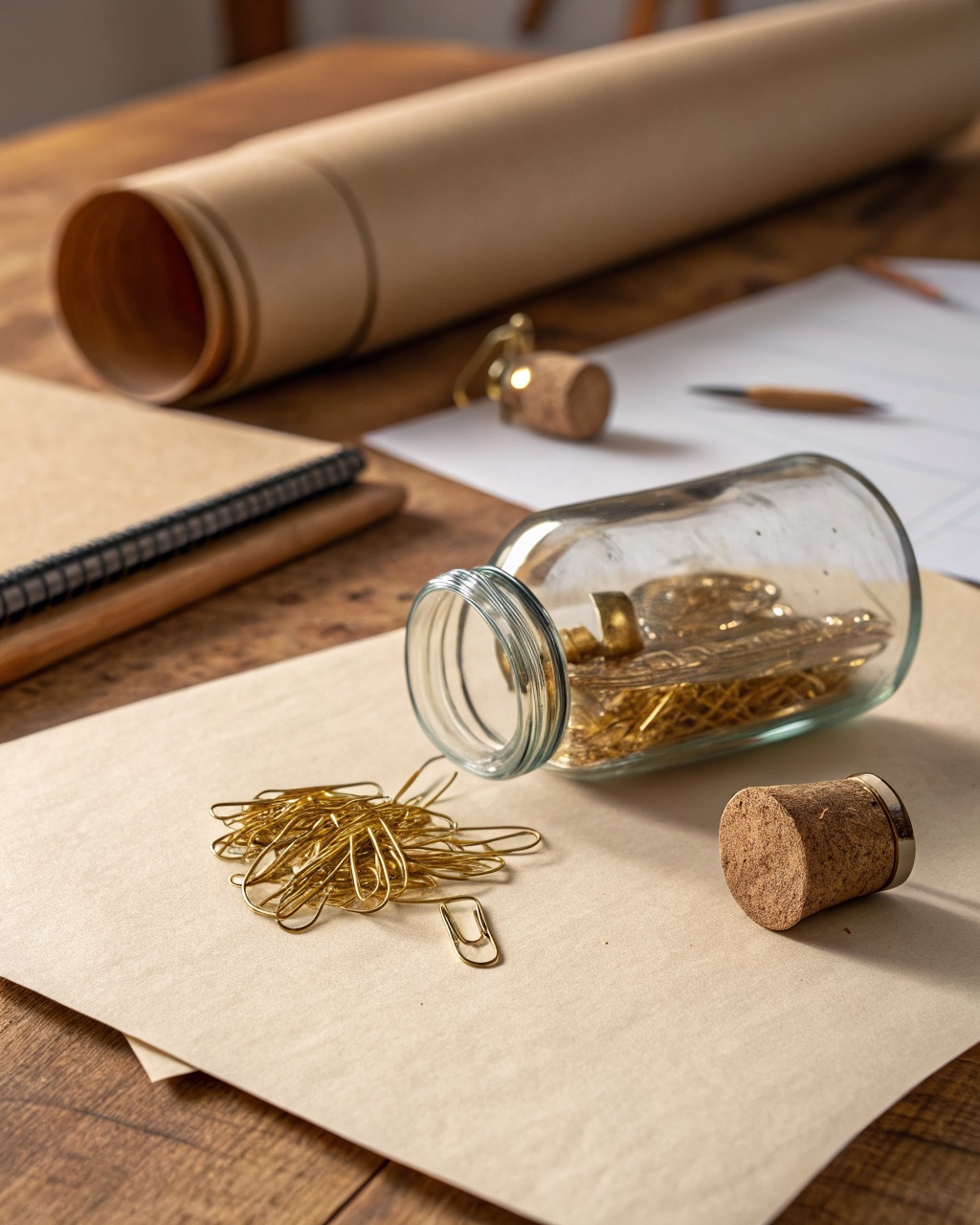 Corked glass jar tipped over spilling a scatter of smooth golden brass looped paper clips across a pale neutral surface