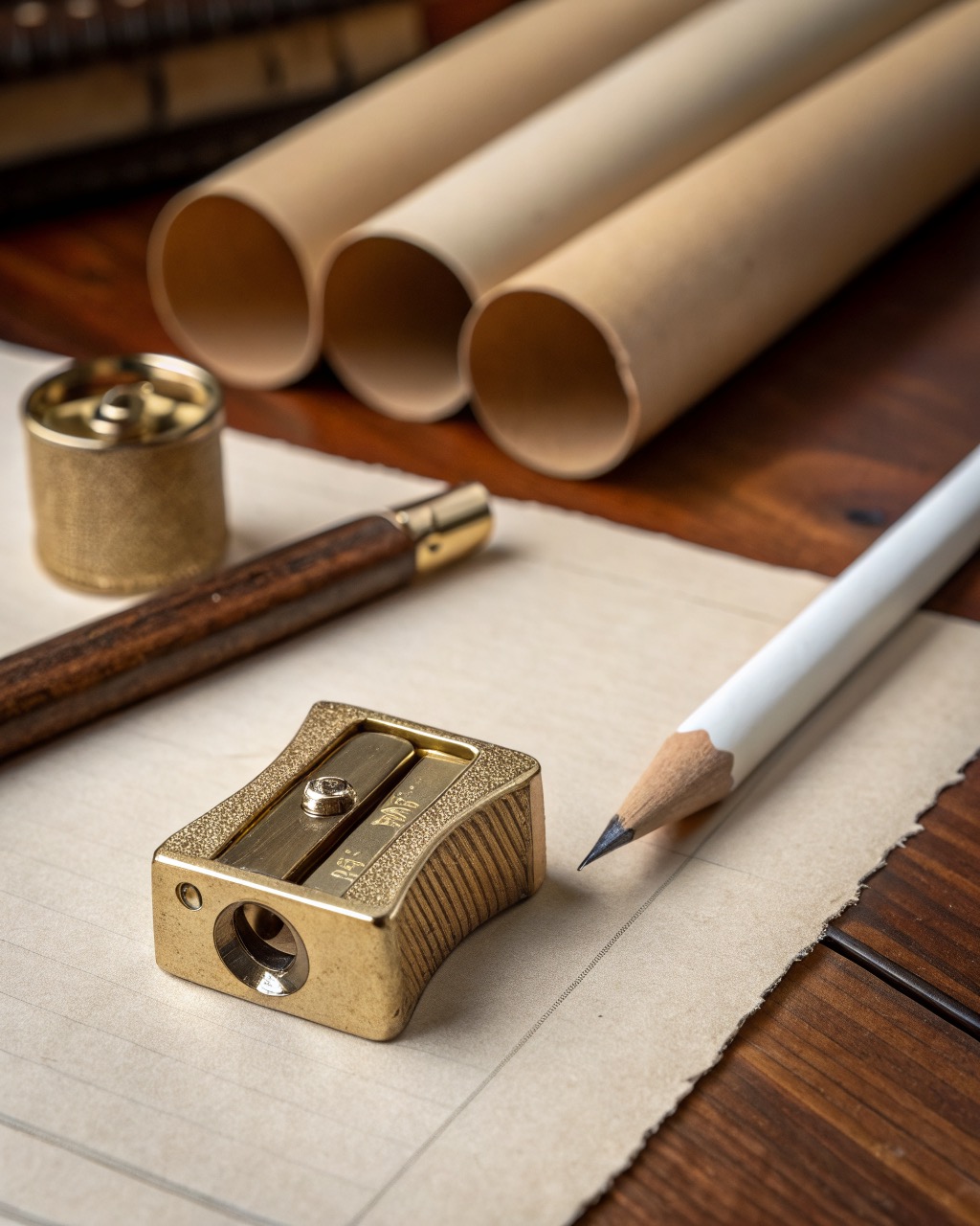 Solid brass wedge pencil sharpener at an angle with a long pale shaving curling from a freshly sharpened pencil tip beside it