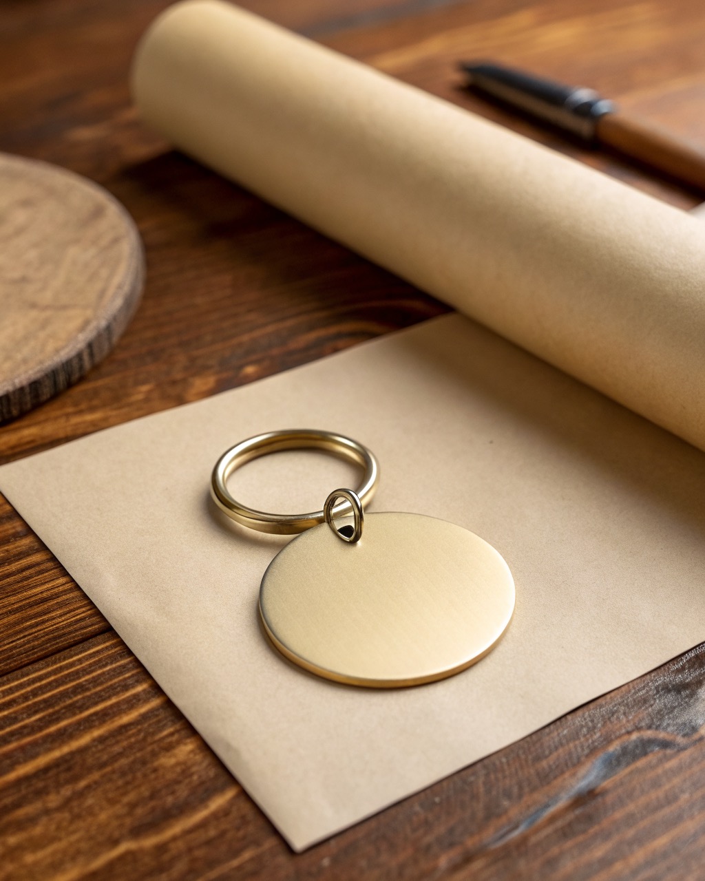 Round solid brass pet ID tag with deep-engraved lettering and a stainless split ring photographed flat on a white background
