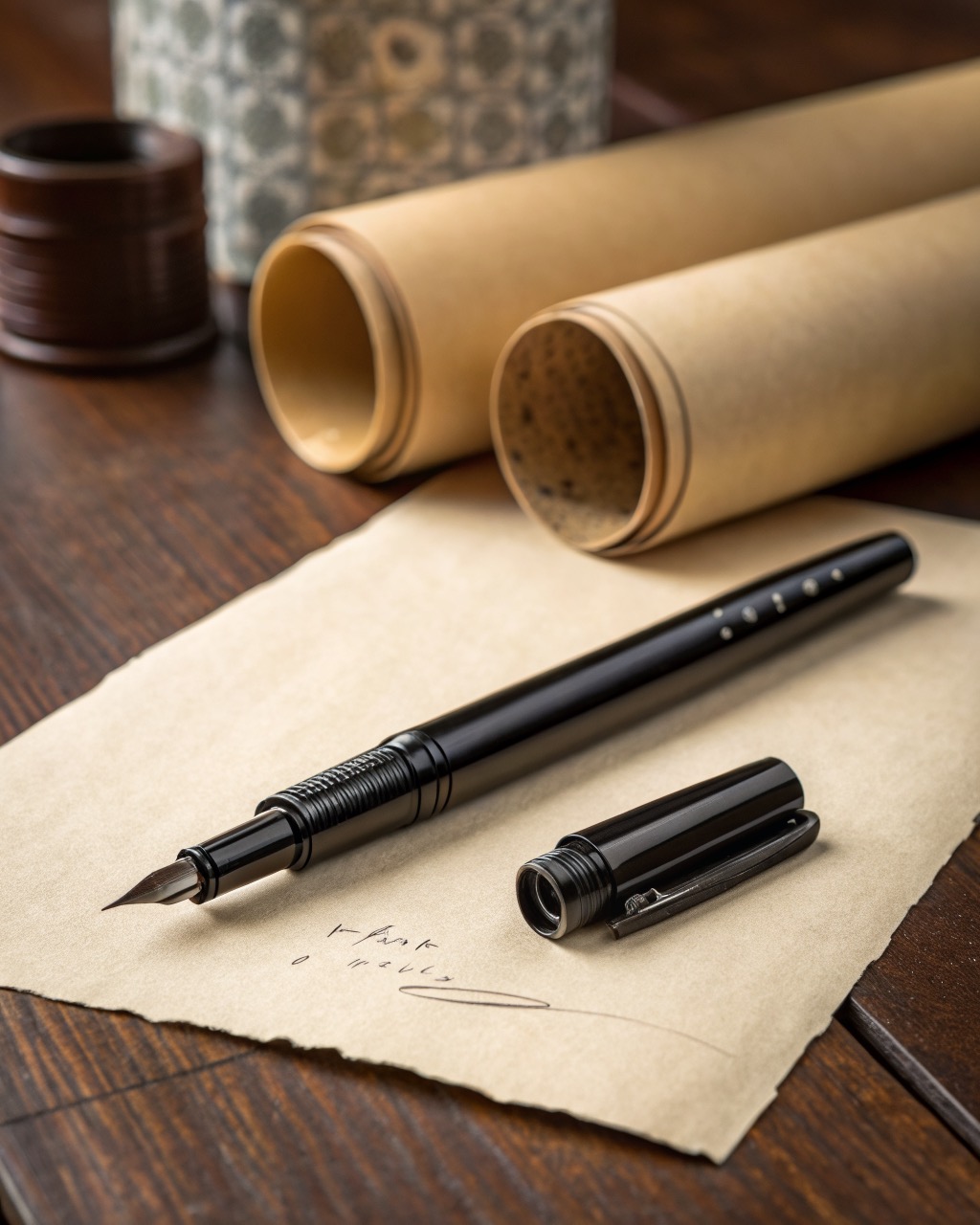 Refillable black brush pen uncapped showing a fine synthetic bristle tuft tapered to a point, barrel and cap beside it