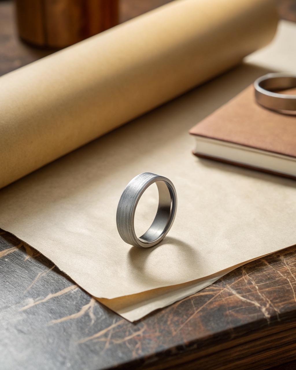 brushed grade-2 titanium band ring standing on edge on a pale stone surface, matte grey grain catching soft light