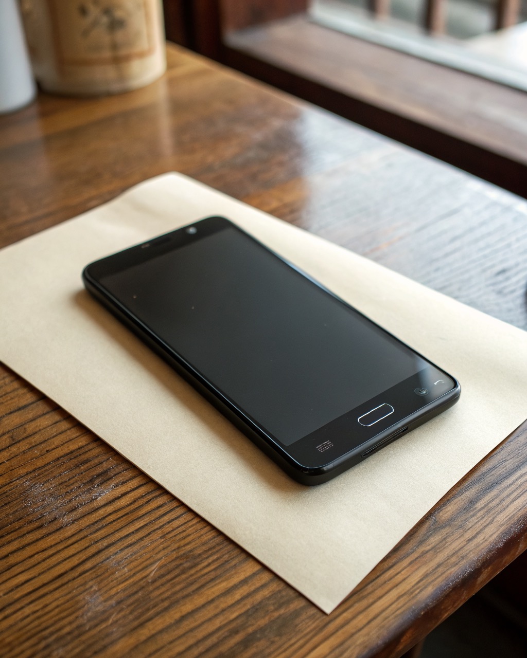 Plain black plastic candy-bar smartphone shown front and three-quarter angle, single rear camera, thick screen bezels, matte finish, no branding anywhere