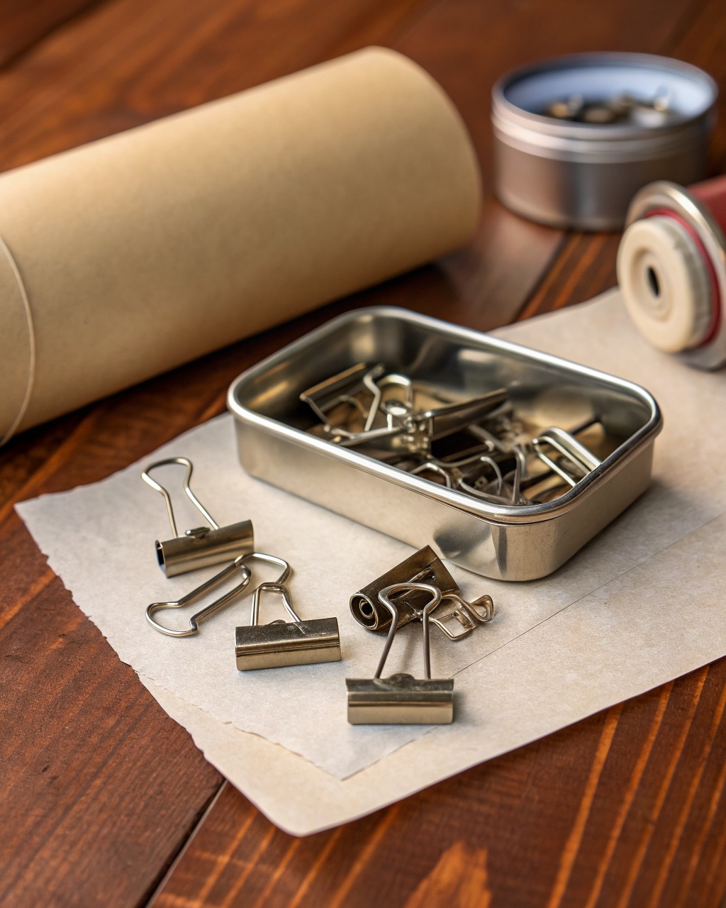 Twelve nickel-plated bulldog clips in three sizes spilling from a slide-lid tin, flat jaws and sprung levers catching the light