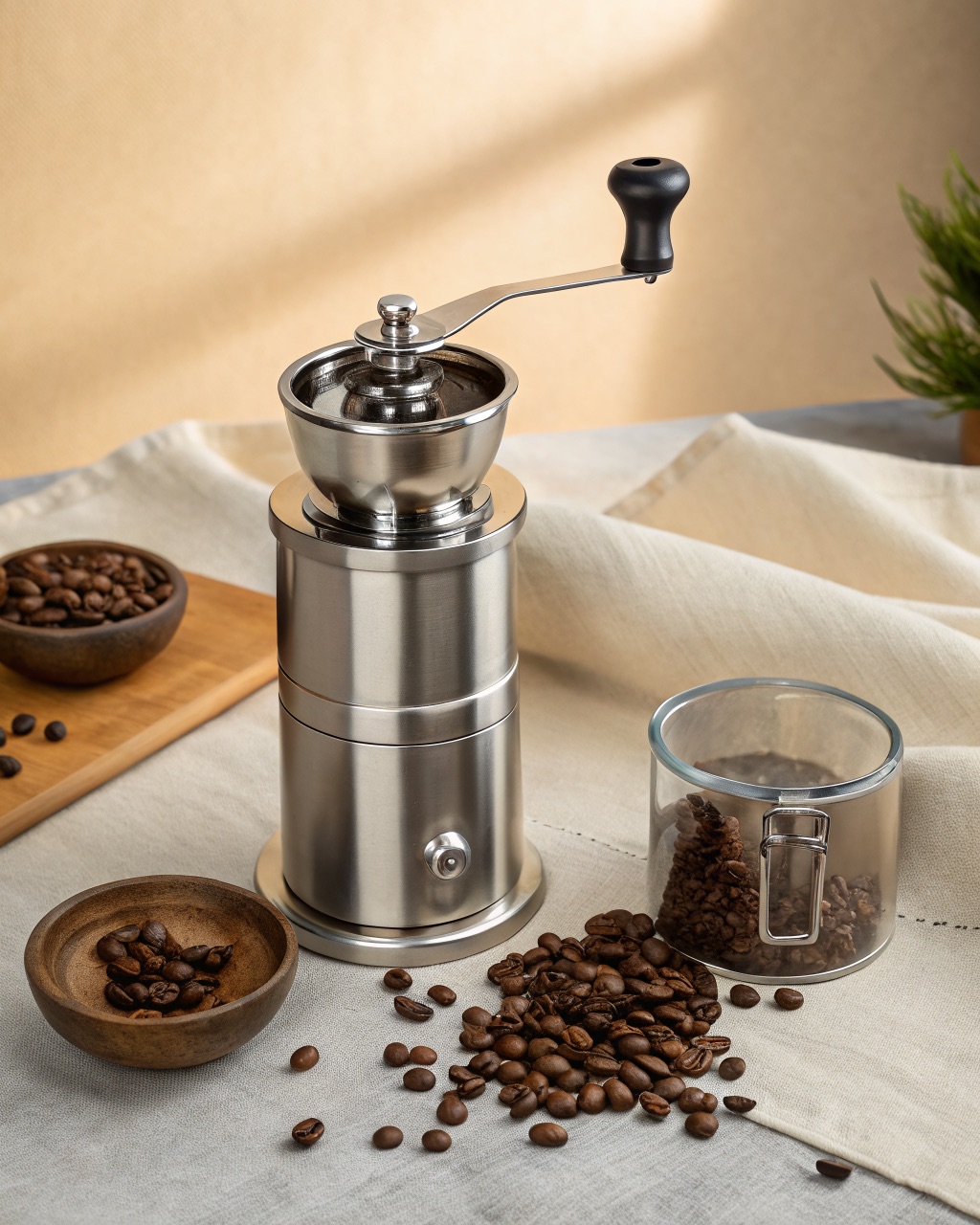 Hand-crank coffee grinder with a brushed steel cylinder body and a clear glass catch jar holding ground coffee