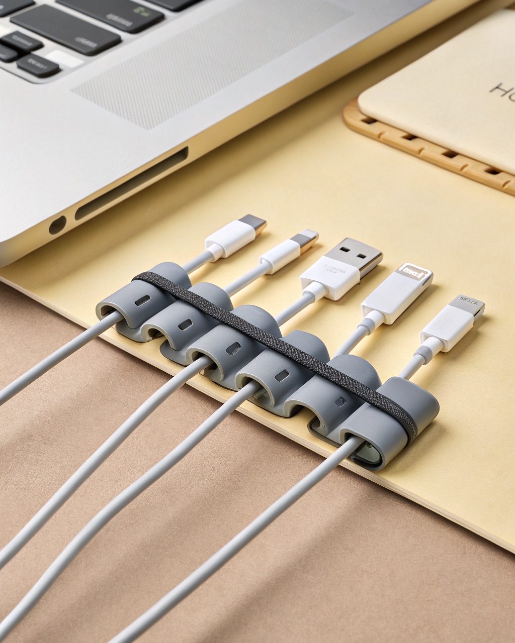 Six slate grey silicone cable clips of varying channel counts arranged on a desk edge holding charging cables
