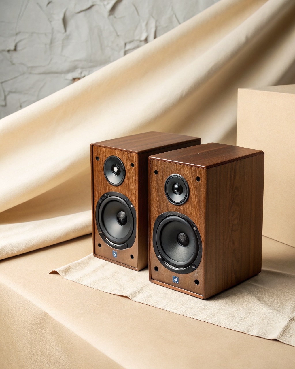 Pair of two-way bookshelf speakers with walnut veneer cabinets on a shelf