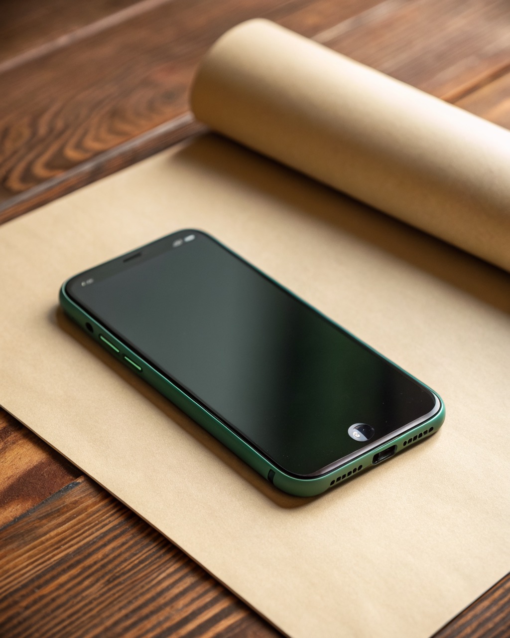 Forest-green smartphone with a large circular triple-camera island and a physical shutter button on the edge, three-quarter angle, no branding