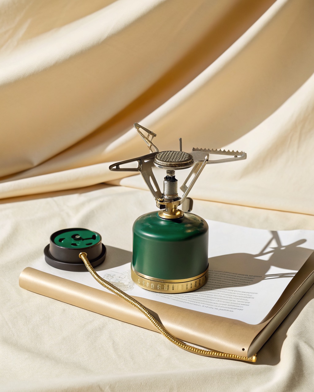 Small folding brass and steel canister stove with three serrated pot arms extended, screwed onto a green fuel canister