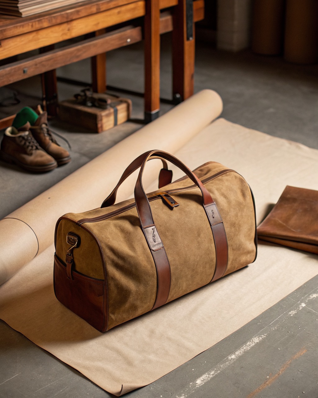Field tan waxed-canvas gym duffel with leather end caps standing on a plain floor, shoe compartment vent visible on the side