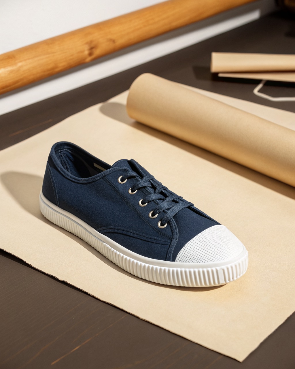 single navy cotton canvas plimsoll shoe in side profile on a plain pale backdrop, white rubber sole and toe bumper, round laces