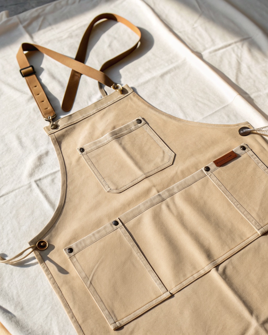 Natural cotton duck canvas cross-back apron laid flat showing three front pockets and riveted corners
