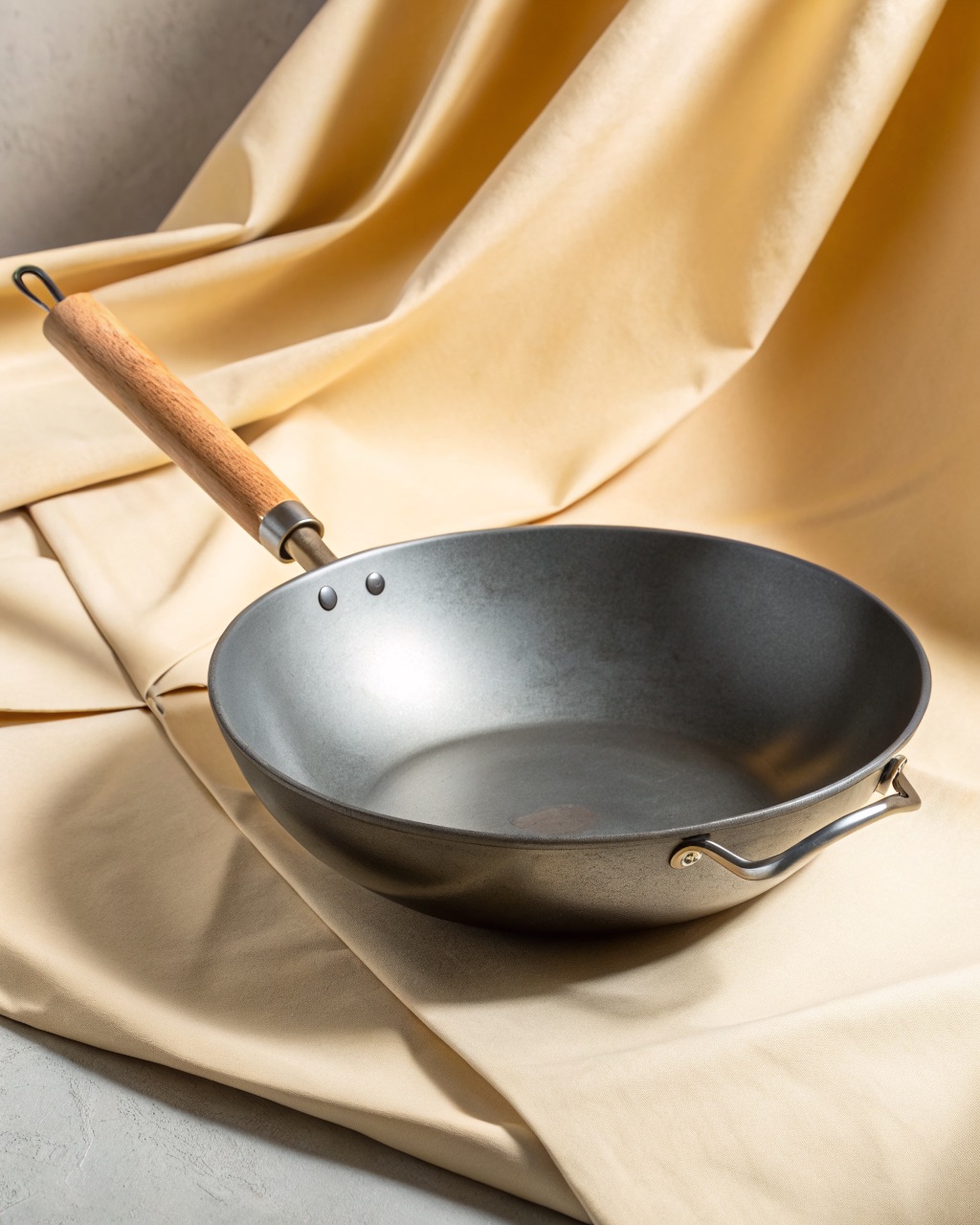 Flat-bottom carbon steel wok with a riveted wooden handle and small steel helper loop, unseasoned silver-grey surface