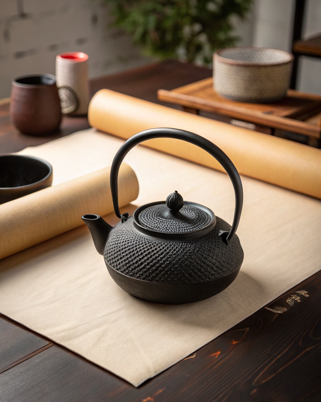 Matte black pebbled cast-iron teapot with an arched handle and short spout, three-quarter view on a white studio background
