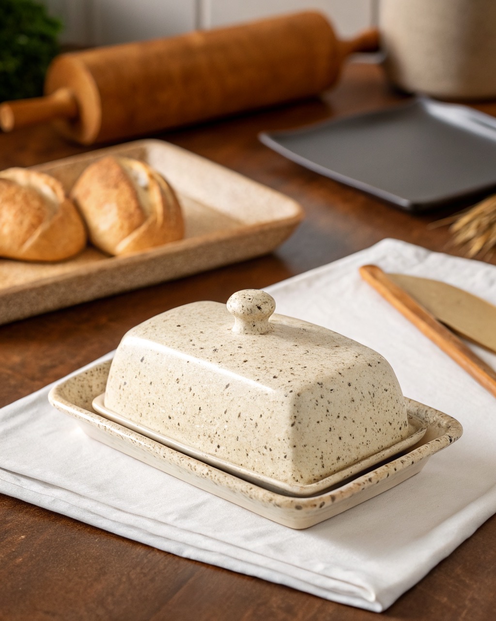 Covered speckled stoneware butter dish with a domed lid on a rectangular base, three-quarter view on a white background