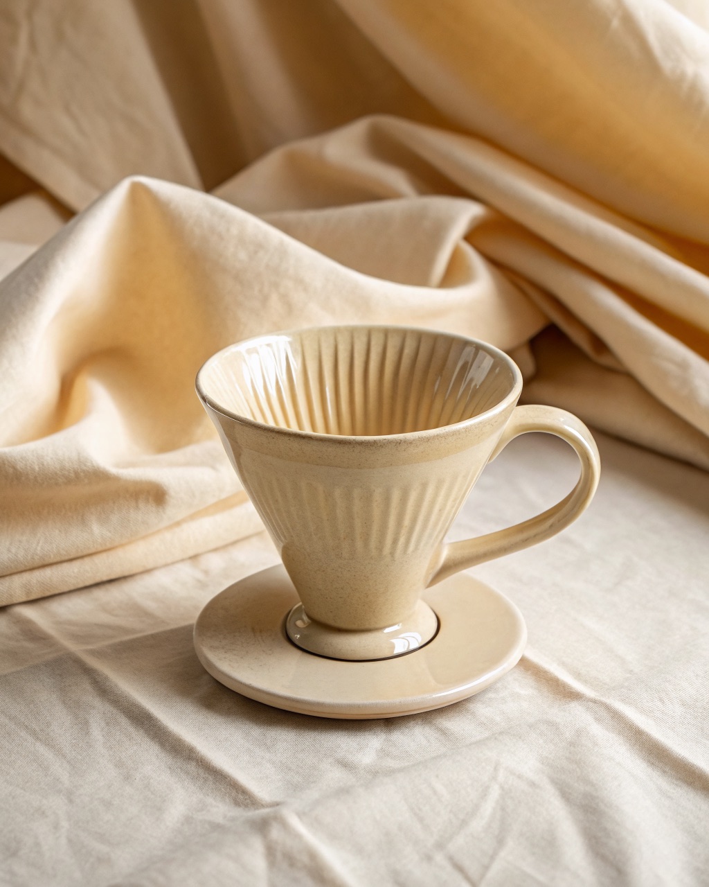 Glazed stoneware pour-over dripper resting on a ceramic mug with a paper filter and ground coffee inside