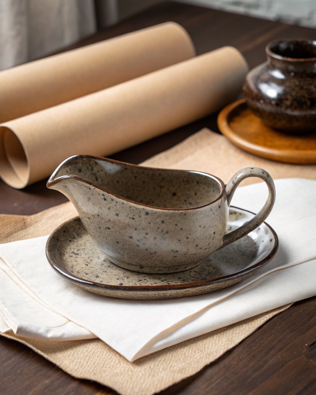 Speckled dark stoneware gravy boat with an attached drip saucer and loop handle, three-quarter view on a white background