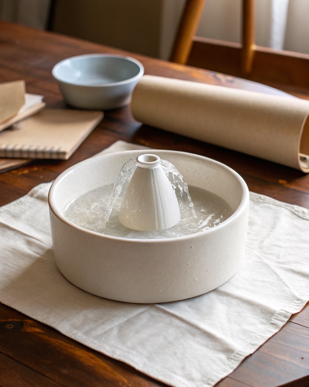 Matte white glazed ceramic pet water fountain with a gentle water spout photographed three-quarter on a white background