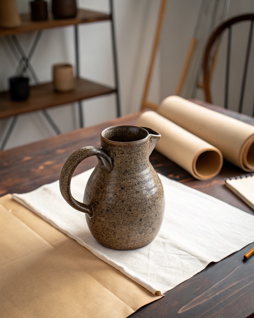 Speckled dark stoneware pitcher with a pulled spout and loop handle, three-quarter view on a white studio background