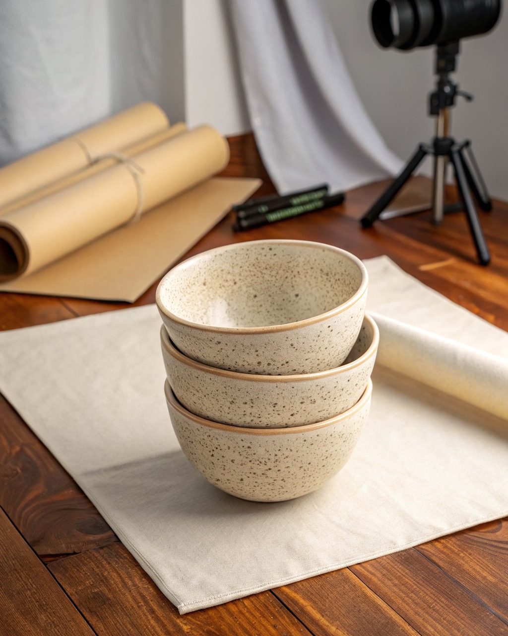Set of four deep speckled stoneware cereal bowls stacked and one set beside them, on a white studio background