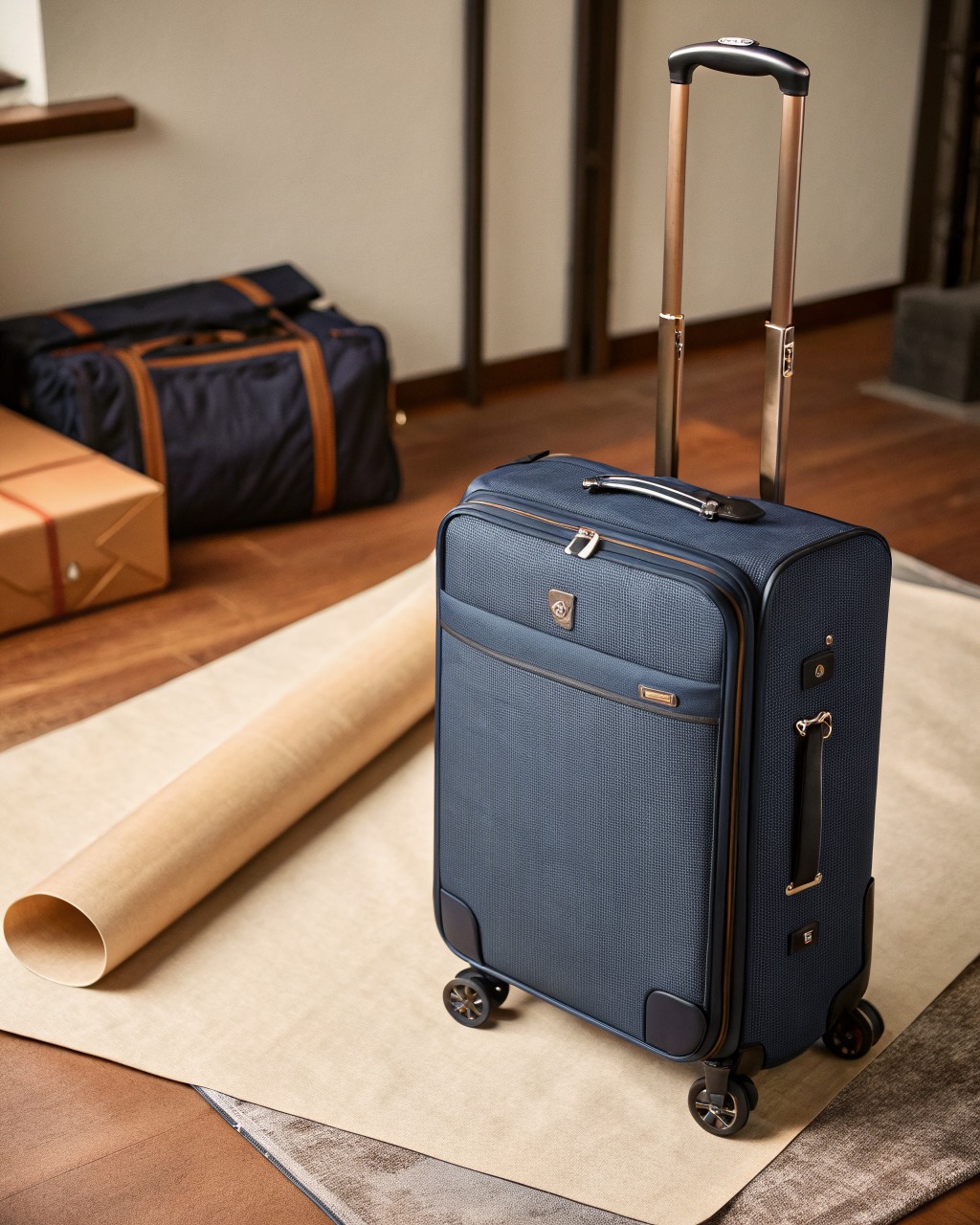 Navy ballistic nylon checked suitcase shown upright at a three-quarter angle with an extended telescoping handle and four spinner wheels