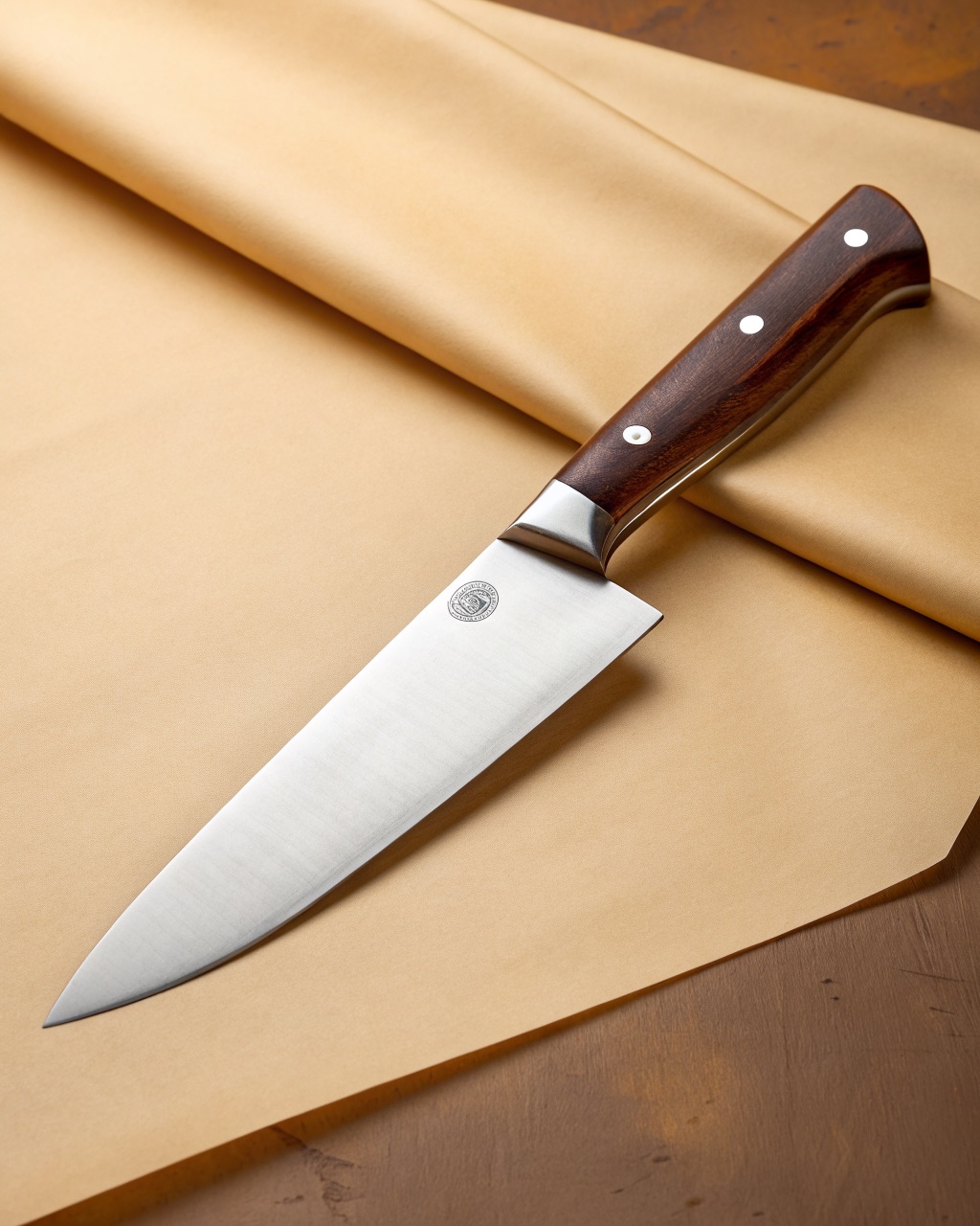 Chef knife with a 20 cm satin-finished steel blade and a dark brown riveted pakkawood handle, on a white background