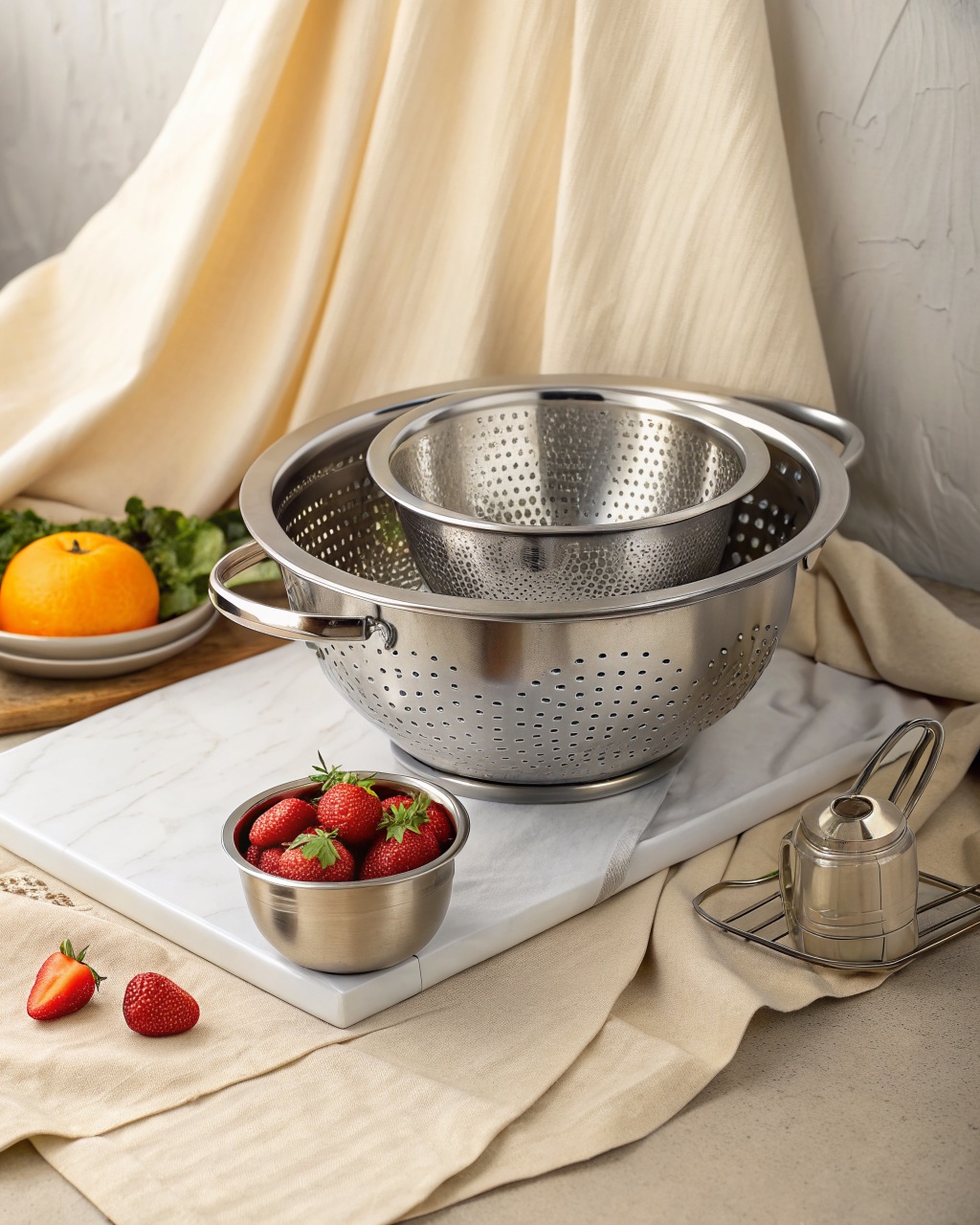 Brushed stainless steel perforated colander nested inside a matching solid steel bowl on a white background