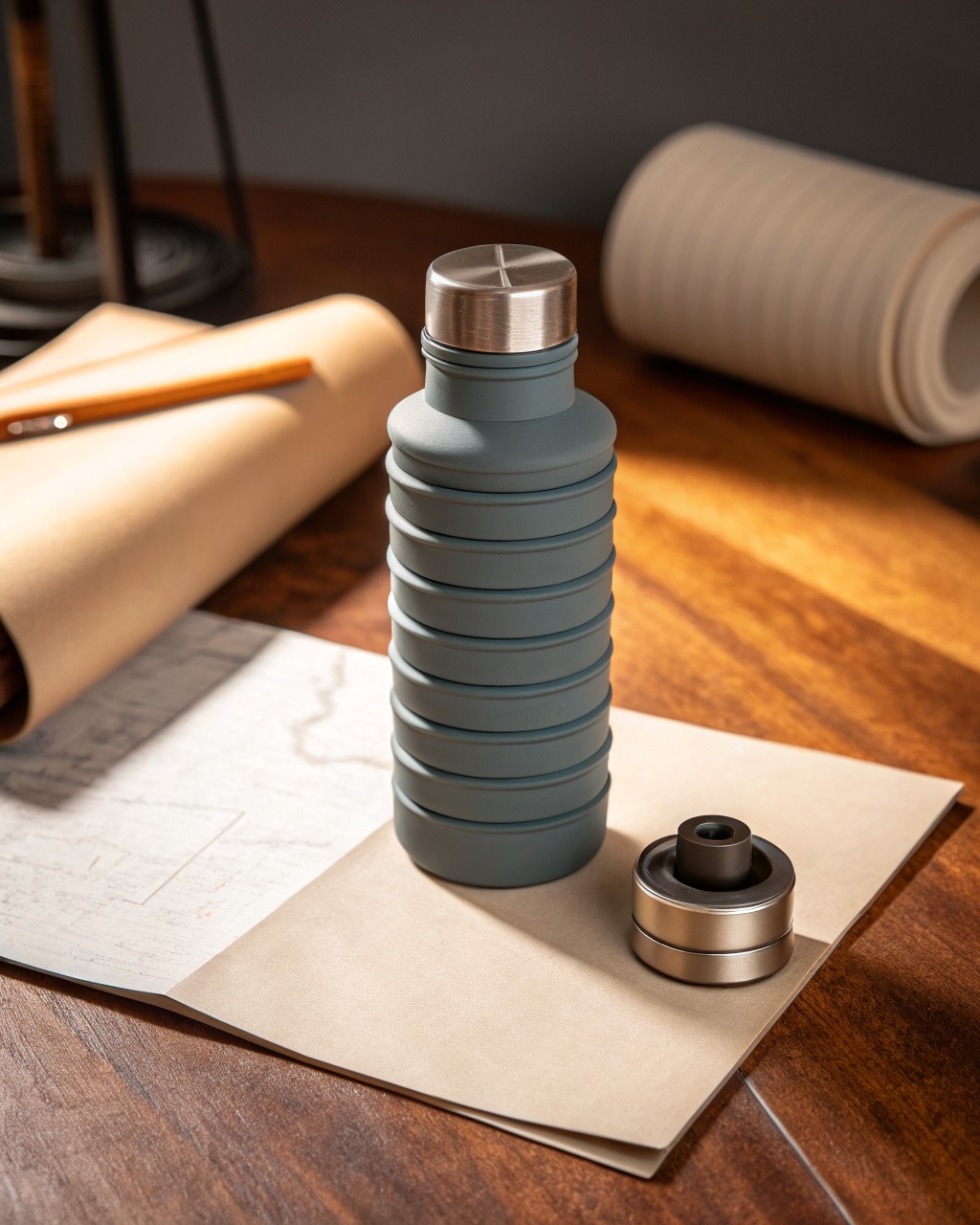 Slate collapsible silicone travel bottle shown upright with a flip cap, photographed beside the same bottle compressed flat on a plain surface