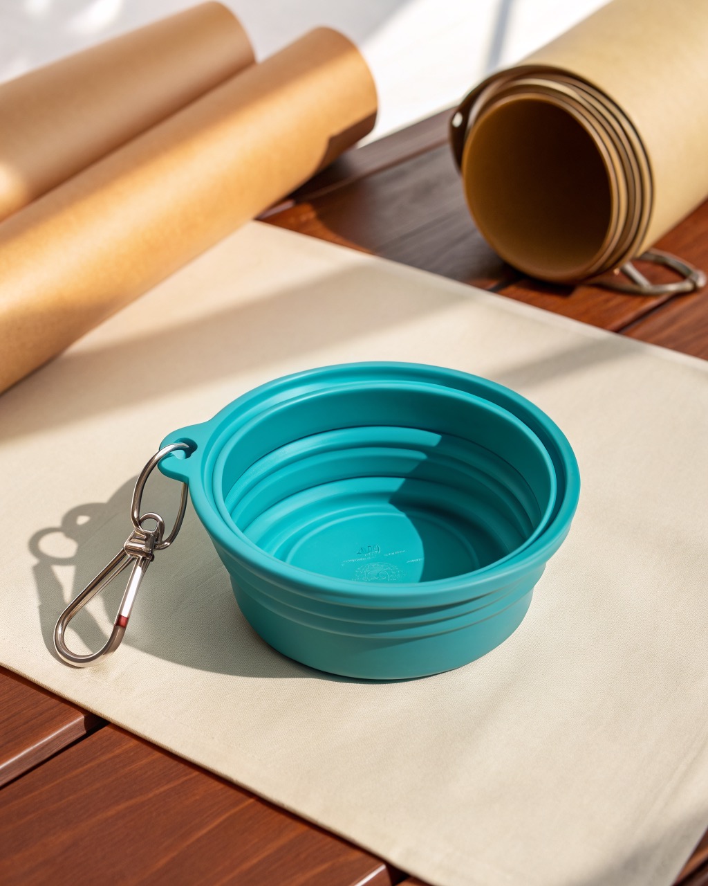Teal collapsible silicone travel pet bowl shown popped open with a carabiner clip on a white background