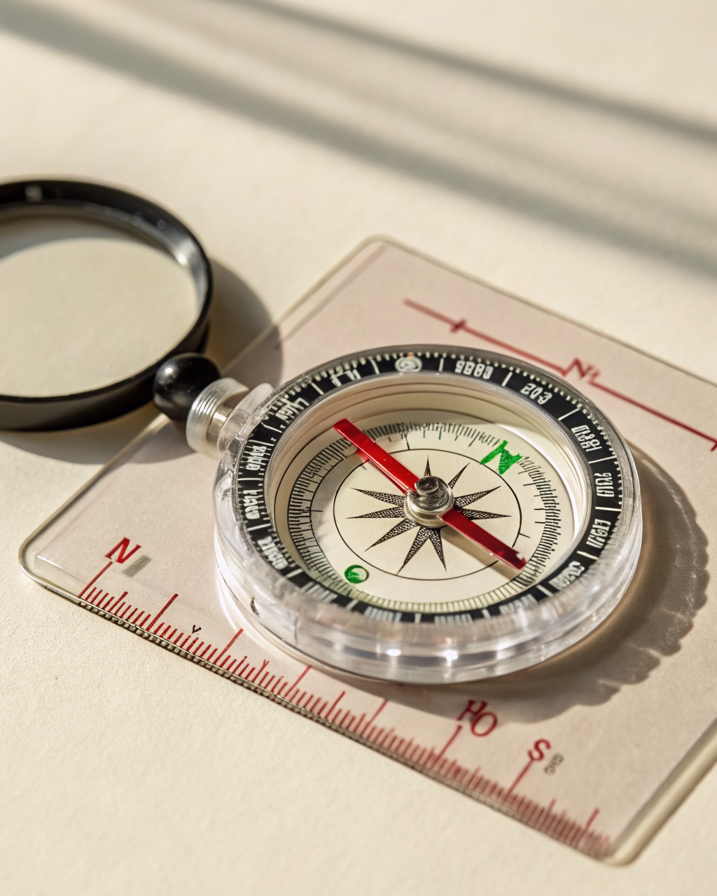 Clear acrylic baseplate compass with a black and white rotating bezel, red and white needle in a liquid capsule, and a magnifying lens