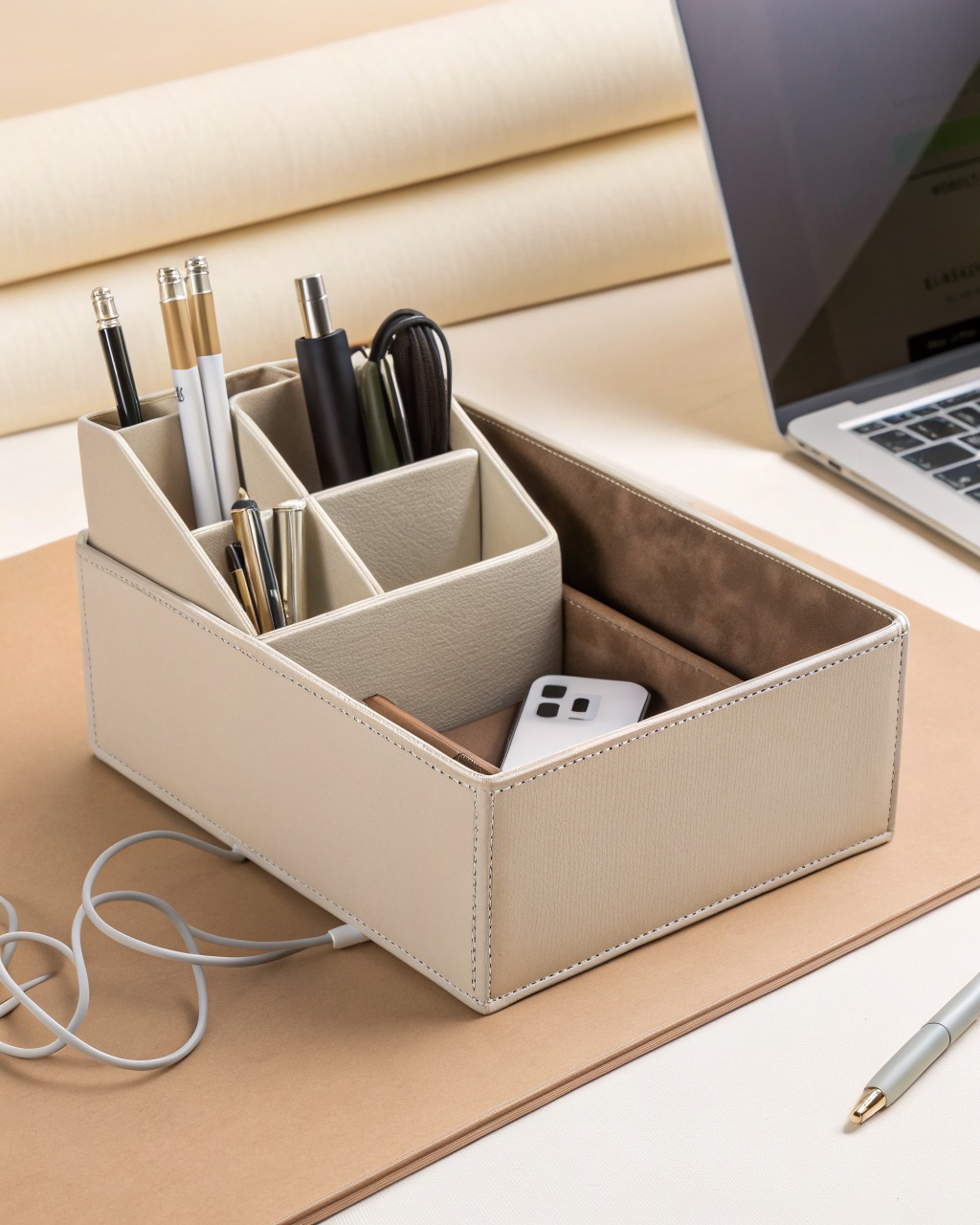 Powder-coated steel desktop organizer with four compartments holding pens and cables