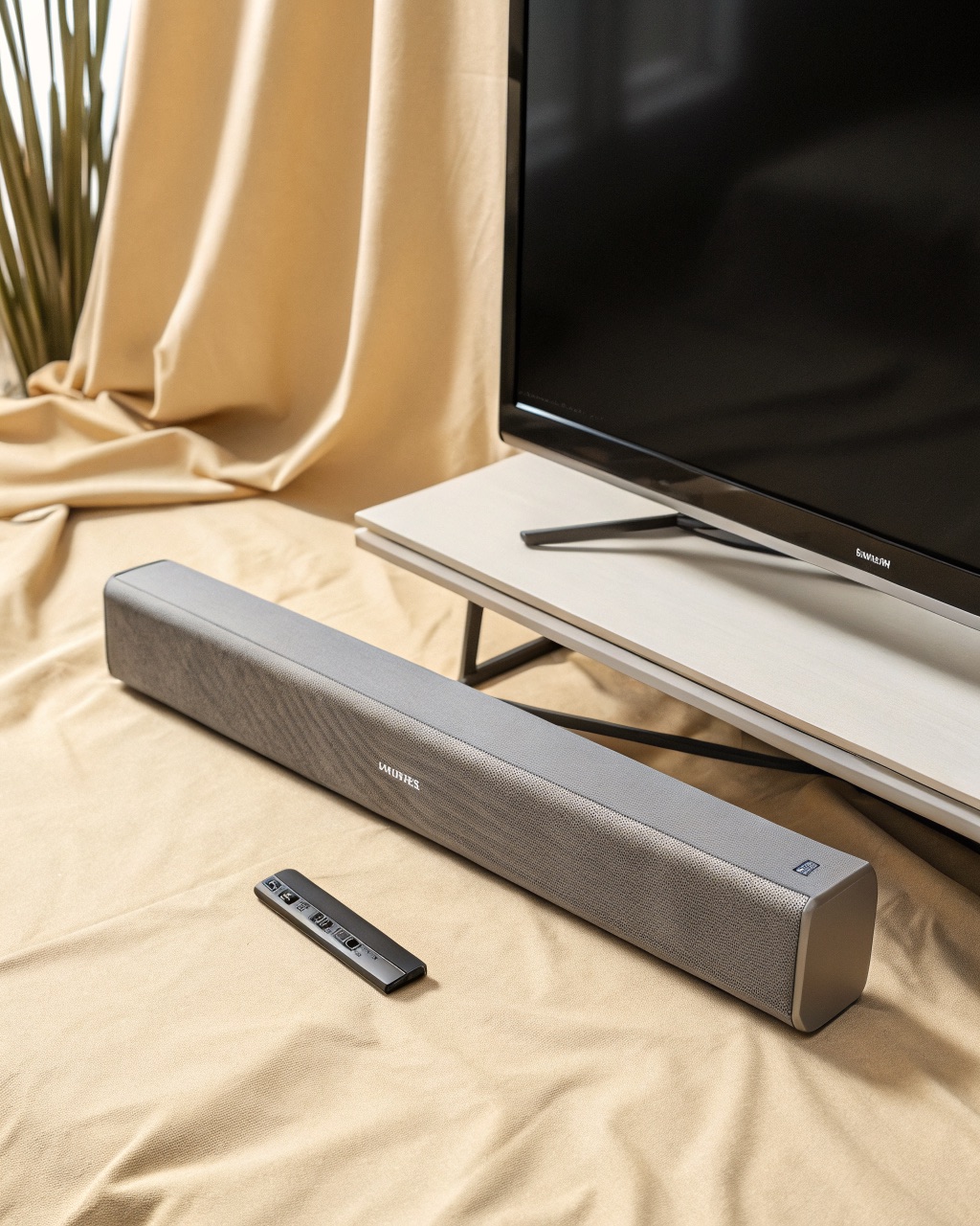 Slim grey fabric-wrapped soundbar lying flat in front of a small television, with a thin remote beside it
